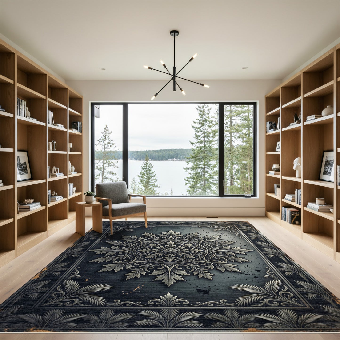 Ornate Charcoal Silver Filigree Medallion Rug