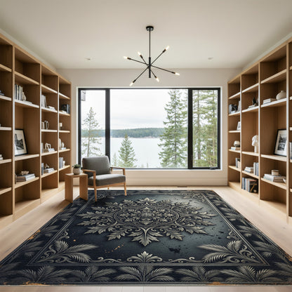 Ornate Charcoal Silver Filigree Medallion Rug