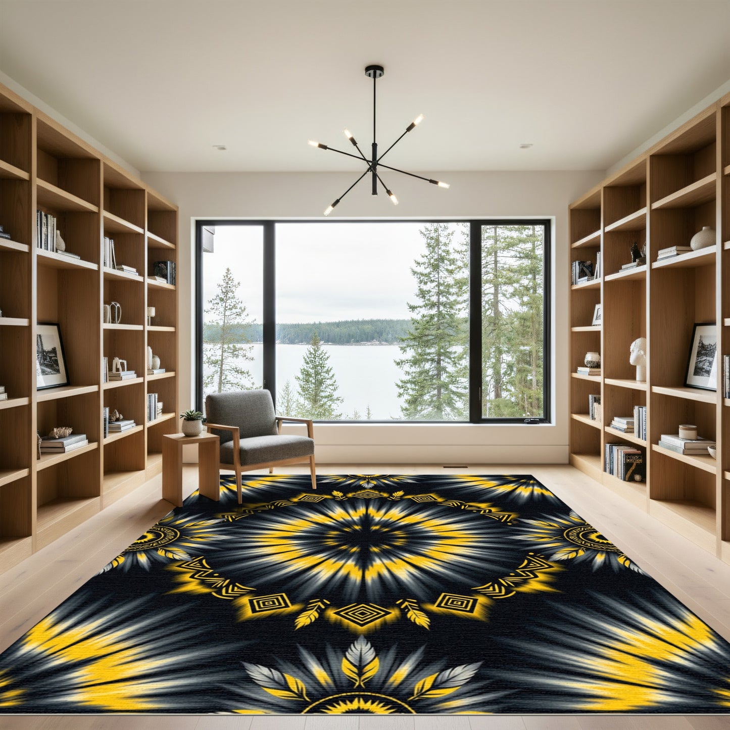 Radiant Gold Black Sunburst Feather Rug