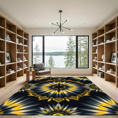 Radiant Gold Black Sunburst Feather Rug
