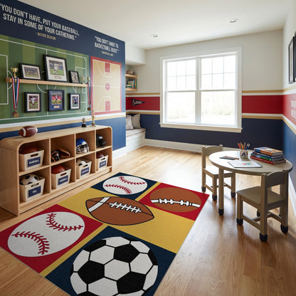 Playful Baseball Football Soccer Grid Rug