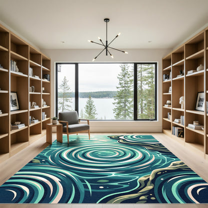 Abstract Teal Swirl Water Ripple Rug