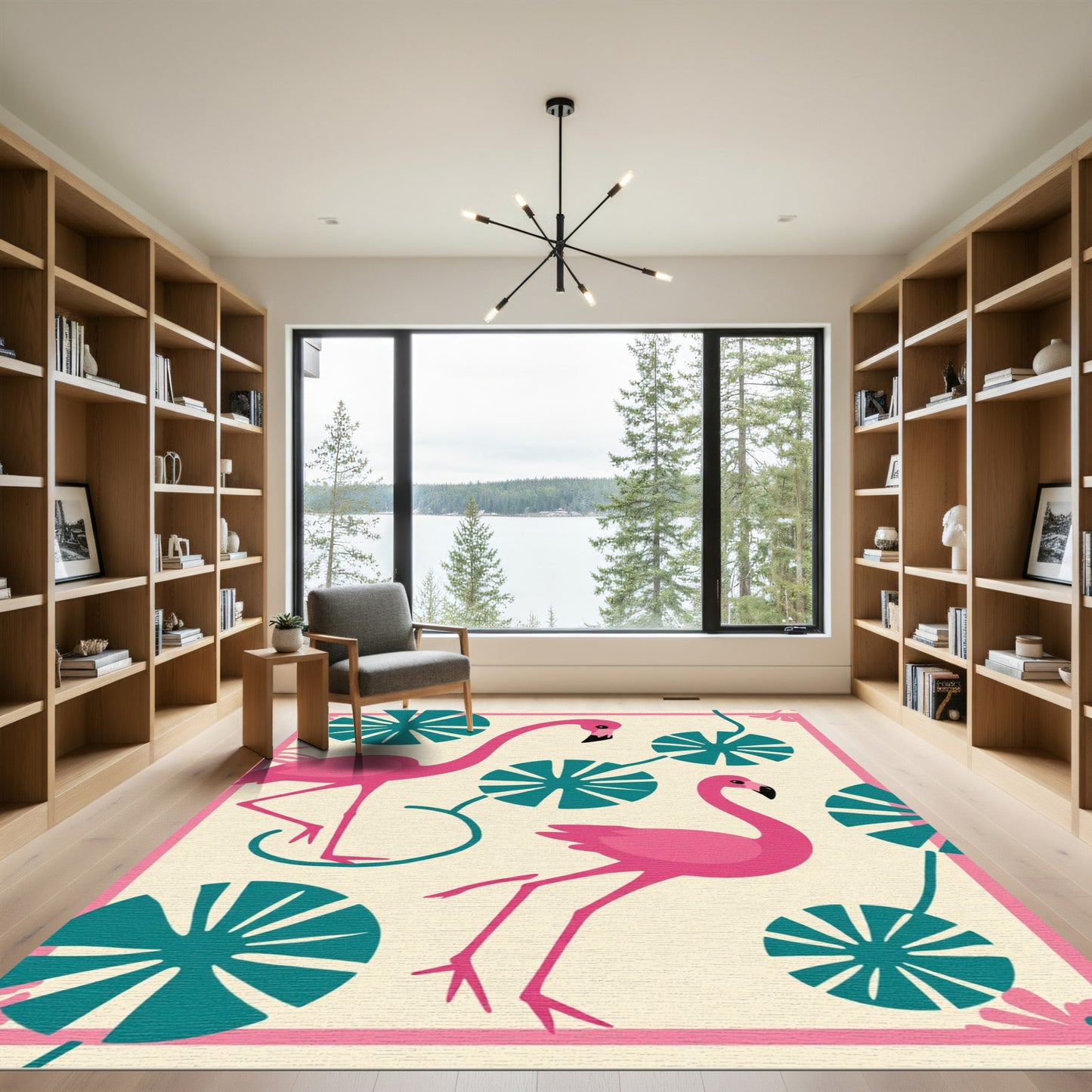 Pink Flamingos Teal Lotus Blossom Rug