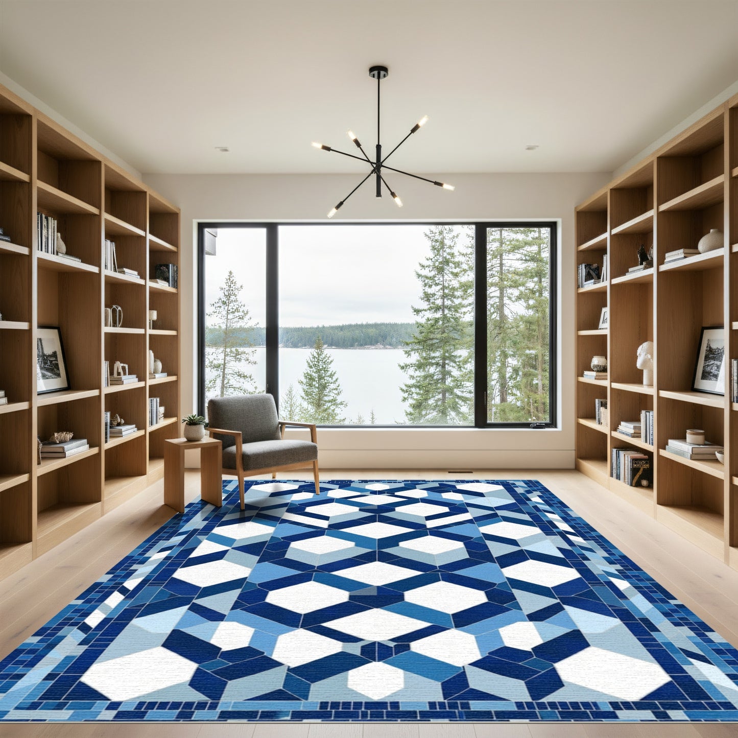 Cool Blue Geometric Interlocking Diamond Rug