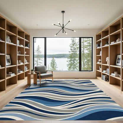 Navy Blue Gray Wave Curves Rug