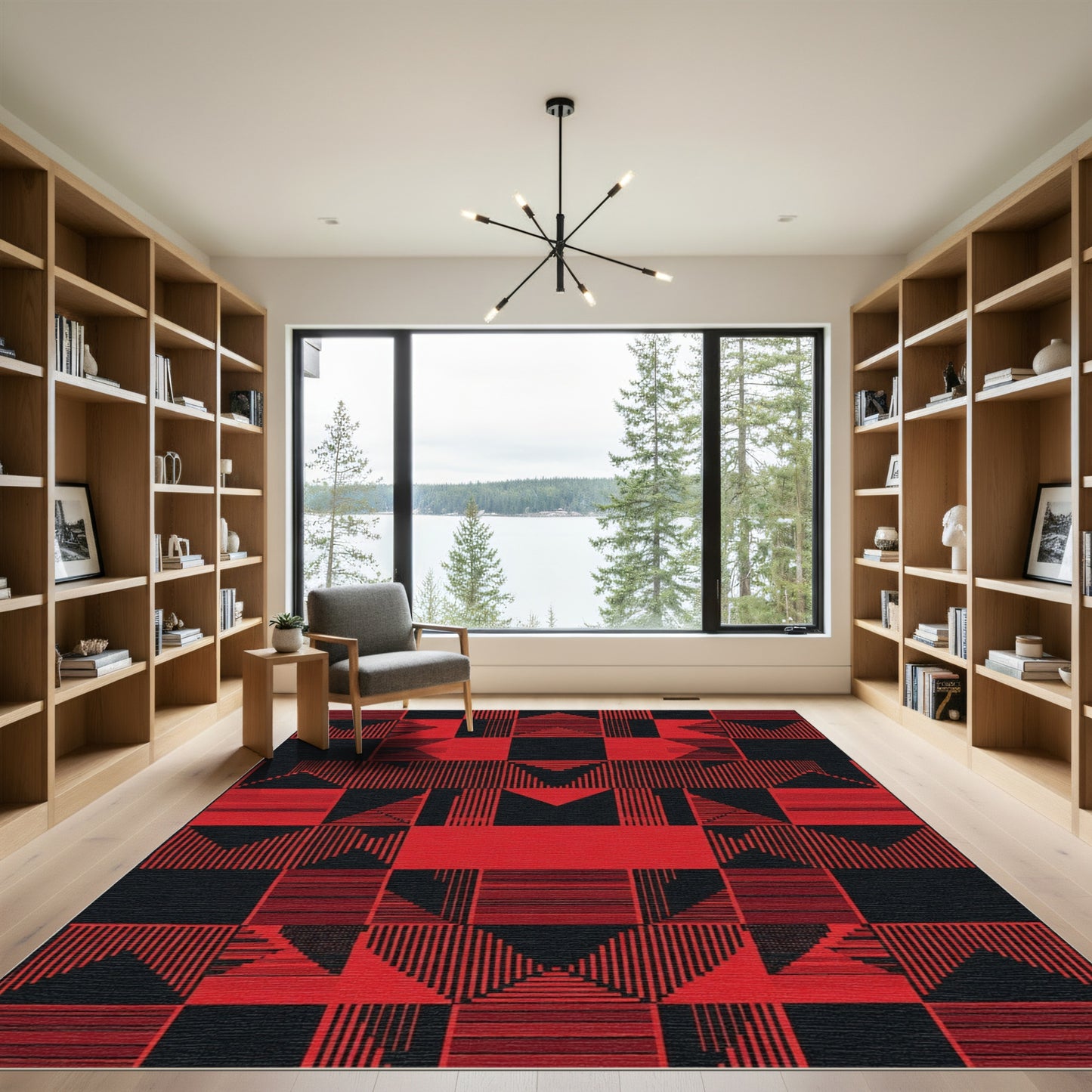 Modern Red Black Geometric Shapes Rug