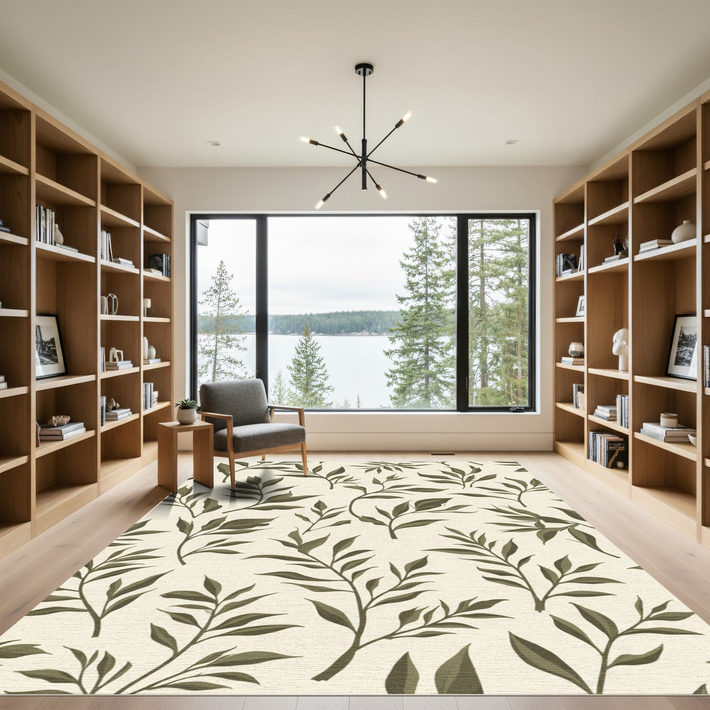 Olive Green Botanical Branch Pattern Rug