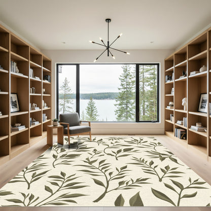 Olive Green Botanical Branch Pattern Rug