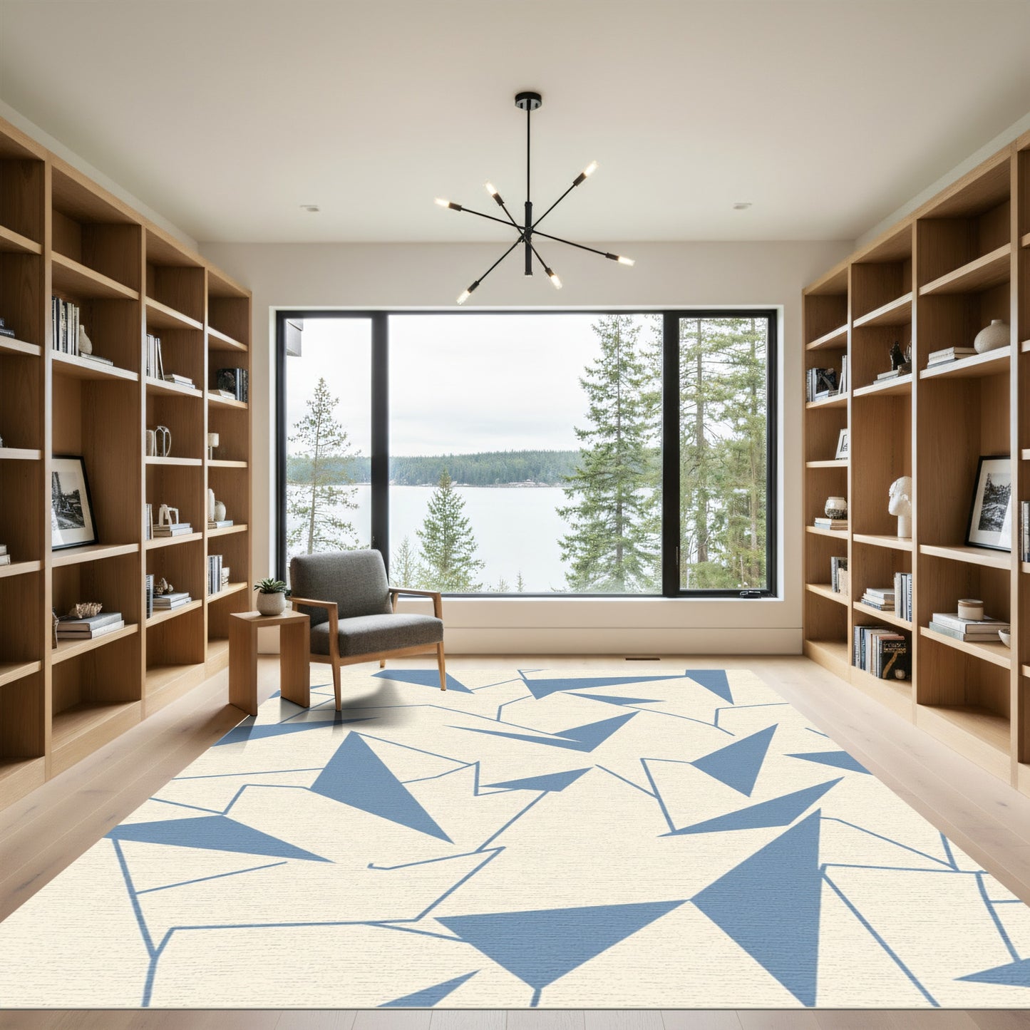 Blue Abstract Geometric Shapes Cream Rug