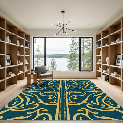 Teal Gold Ornate Scrollwork Rug