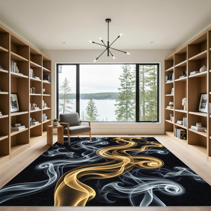 Fluid Gold and Silver Abstract Swirl Rug
