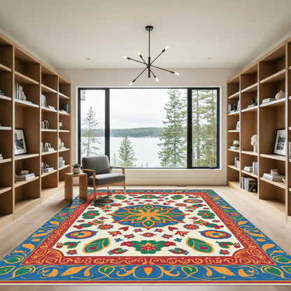 Bold Blue Red Floral Medallion Rug