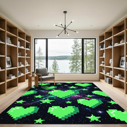 Neon Pixel Heart Galaxy Space Art Rug