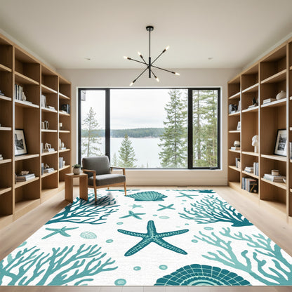 Teal Coral Starfish Seashell Ocean Scene Rug