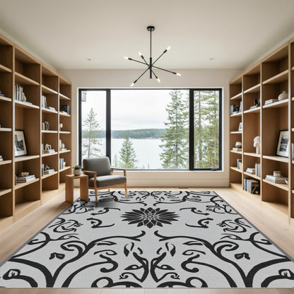 Black Gray Floral Symmetry Area Rug