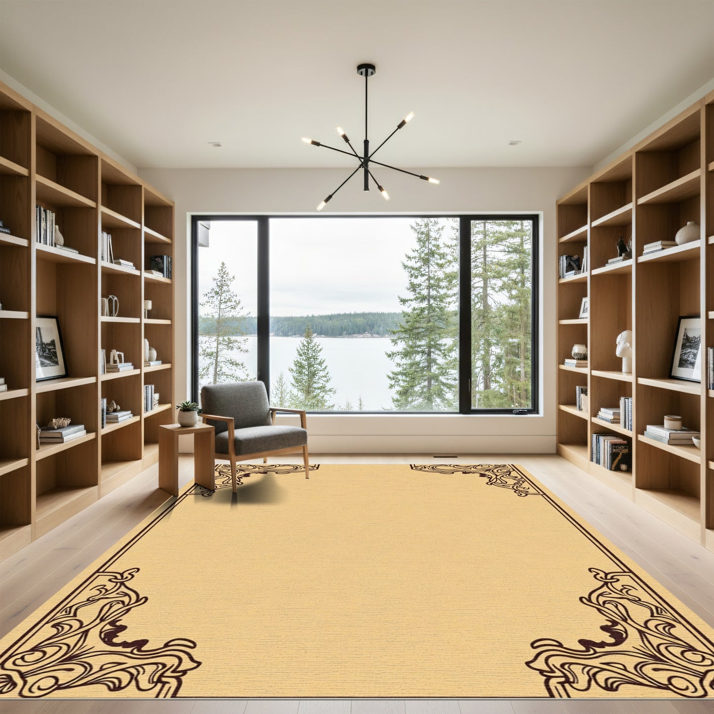 Ornate Beige Scrollwork Corner Accents Rug