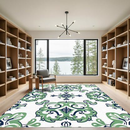 Green Blue Floral Scroll Medallion Rug