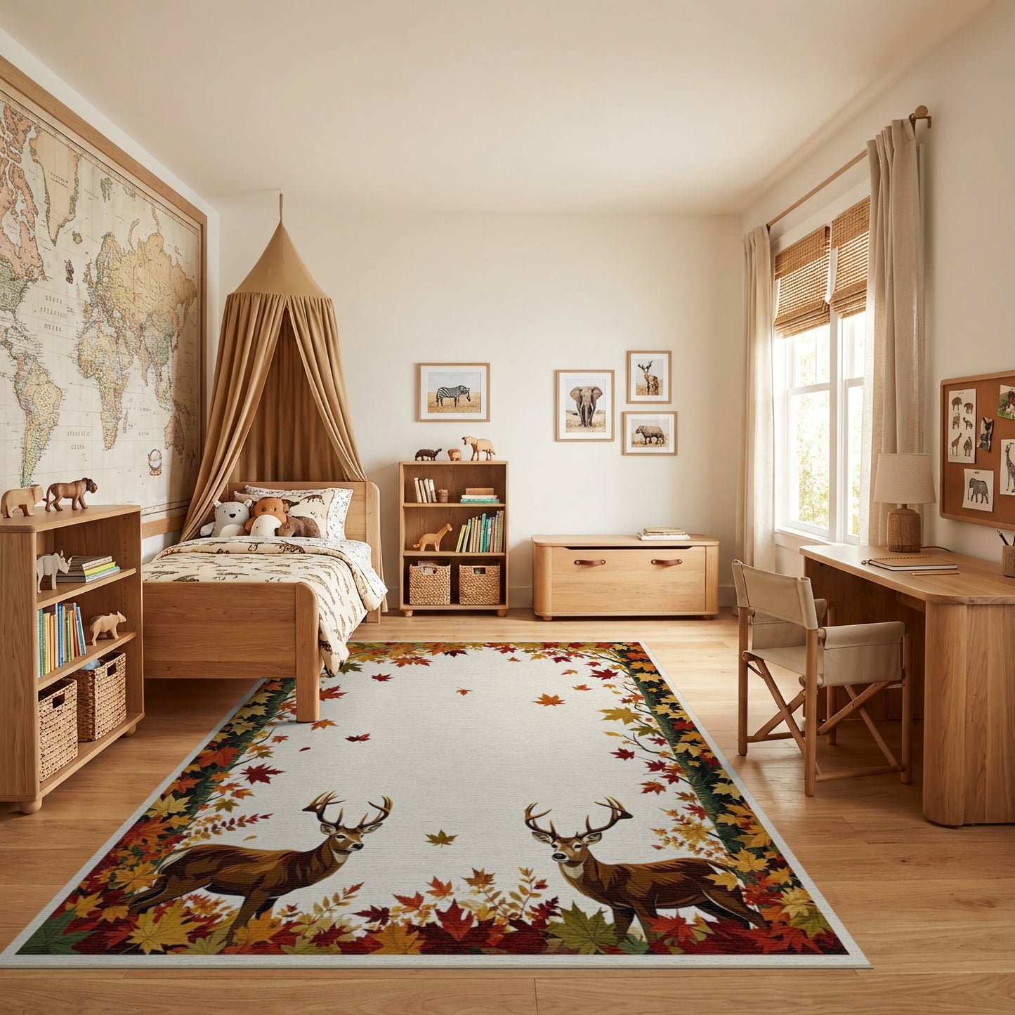 Autumn Deer Falling Leaves Border Rug