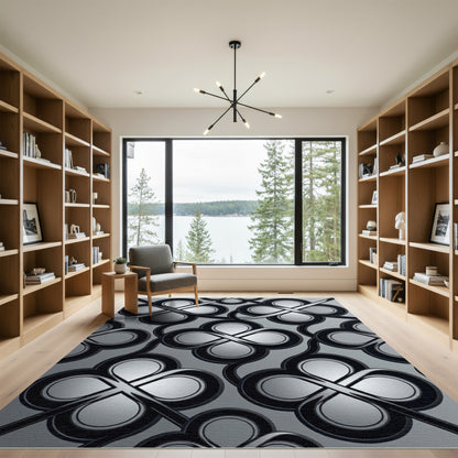 Sophisticated Silver Interlocking Quatrefoil Metallic Rug