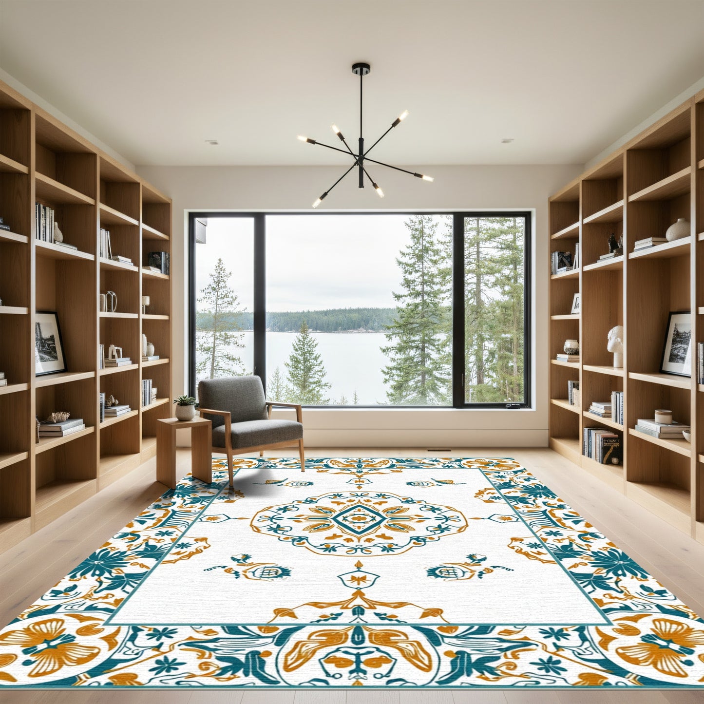 Teal Ochre Medallion Floral Rectangular Area Rug