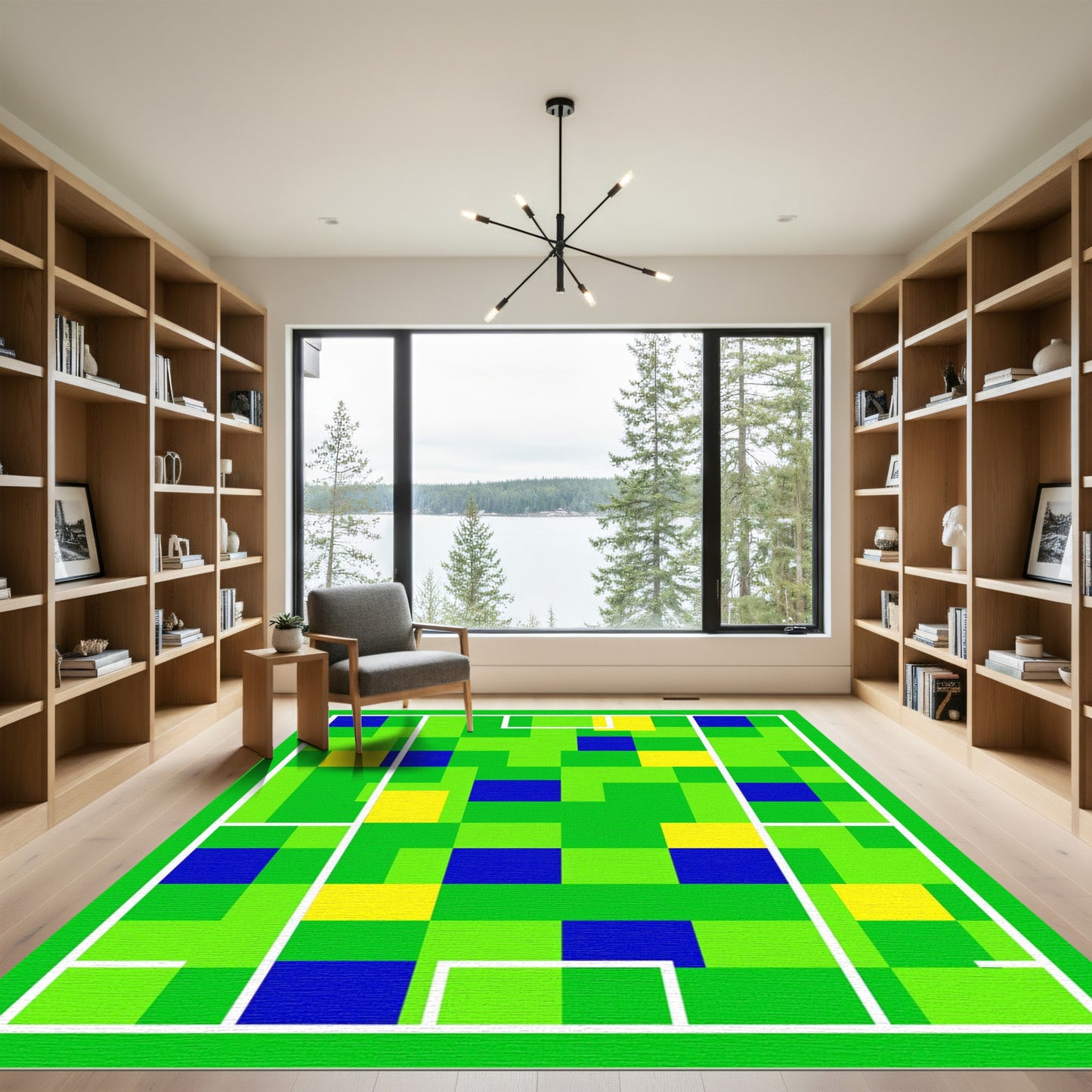 Green Blue Yellow Pixelated Grid Rug