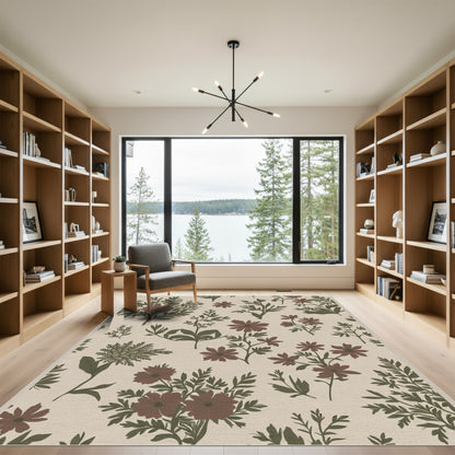 Earthy Red Floral Branch Composition Rug
