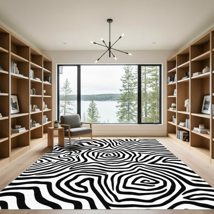 Black White Swirling Animal Print Rug