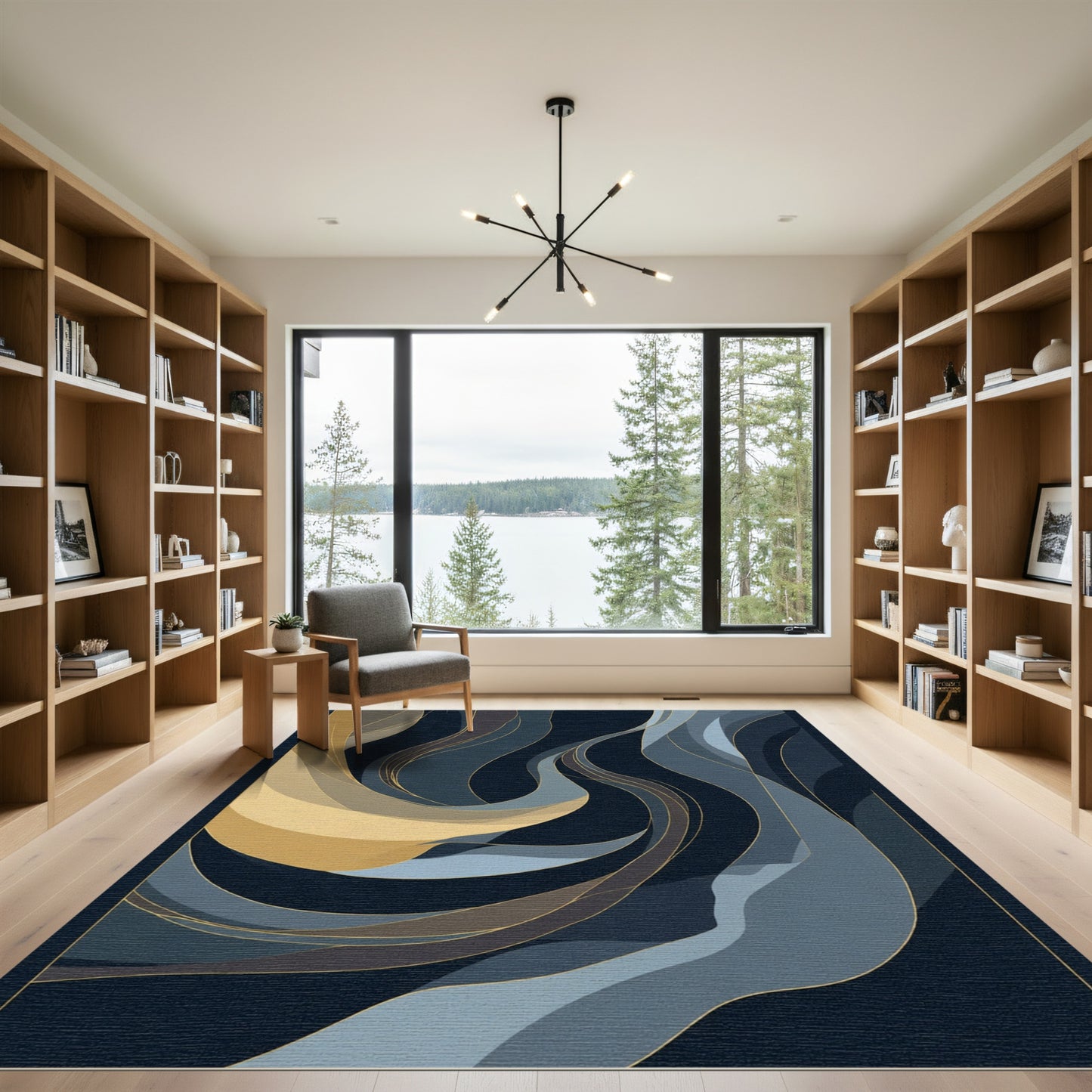 Abstract Gold Blue Swirl Ribbon Flow Rug