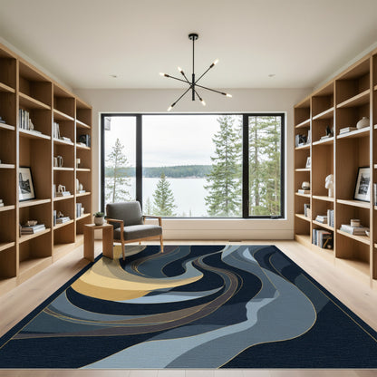 Abstract Gold Blue Swirl Ribbon Flow Rug