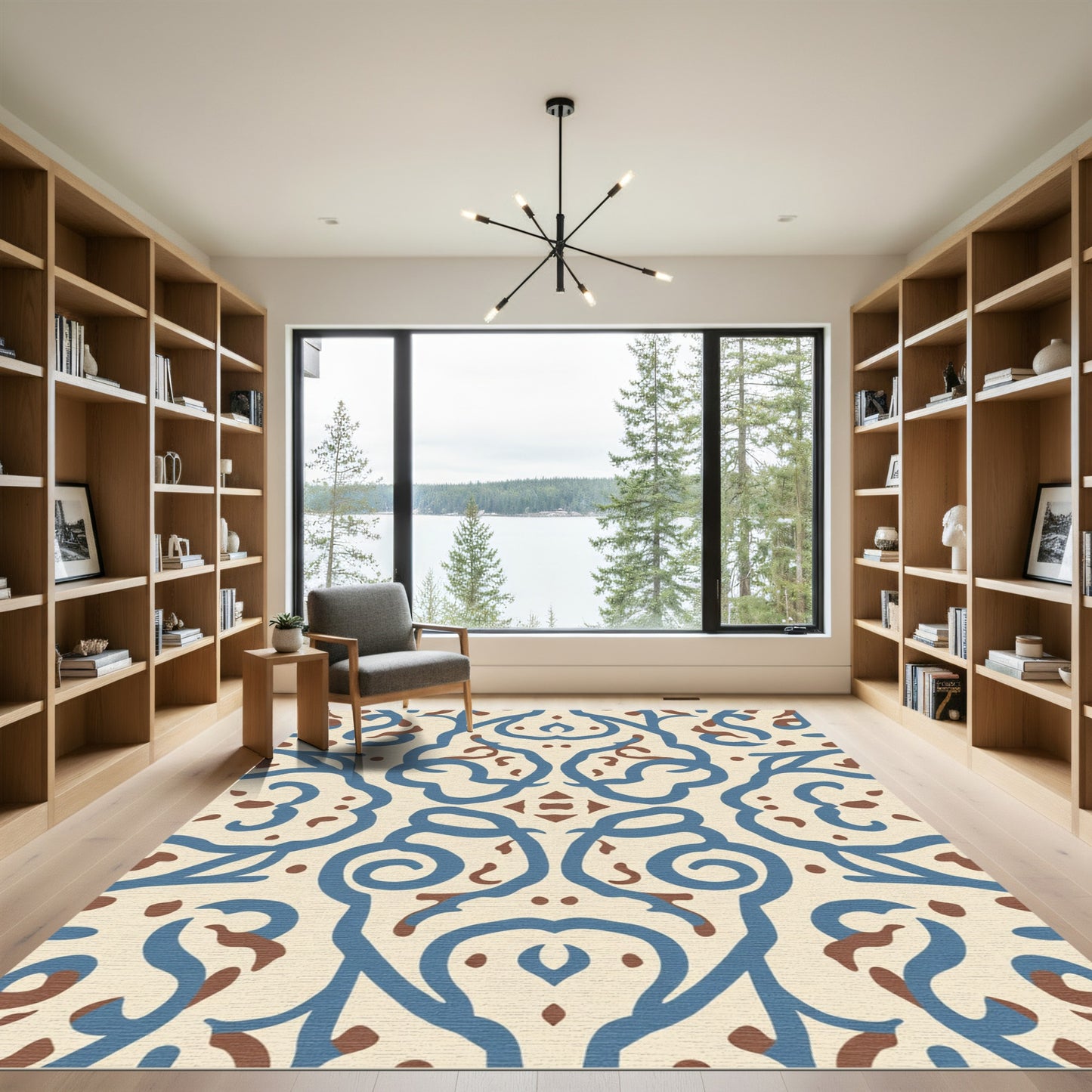 Cream Blue Brown Serpentine Swirls Rug