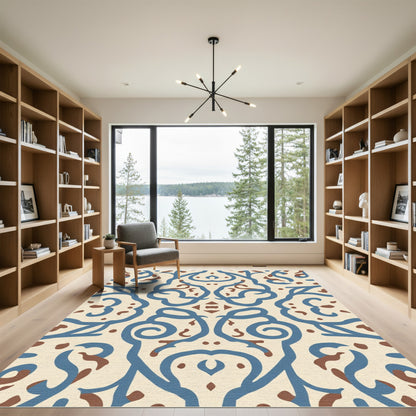 Cream Blue Brown Serpentine Swirls Rug