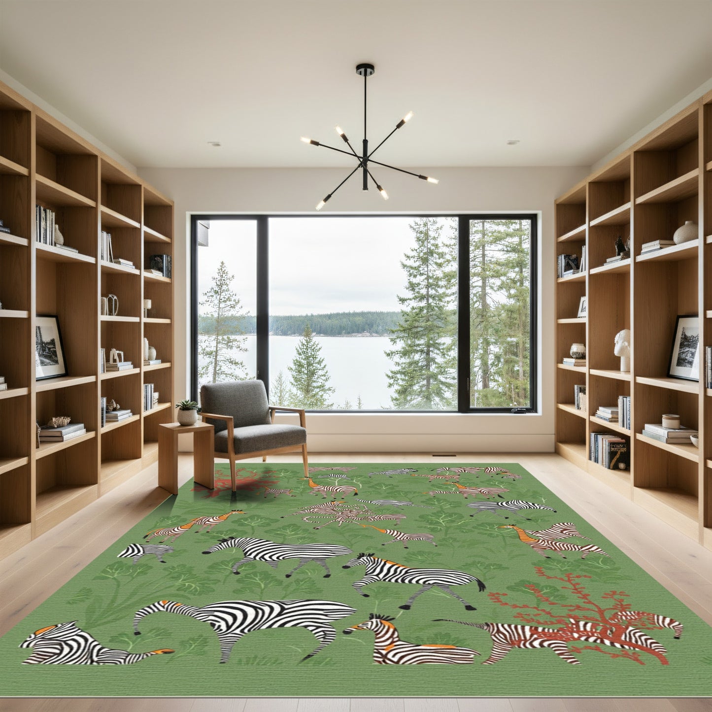 Green Safari Zebra Giraffe Scene Rug