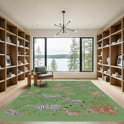 Green Safari Zebra Giraffe Scene Rug