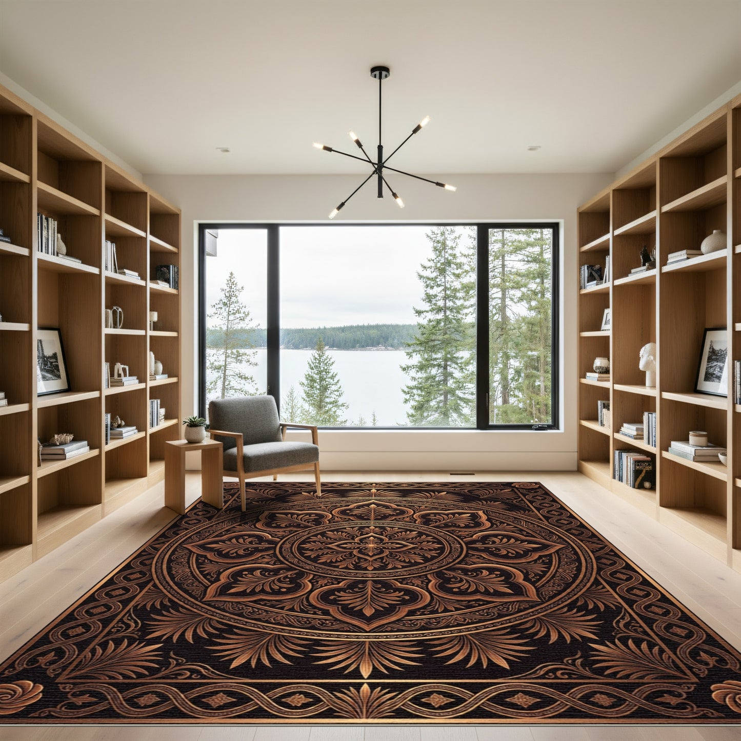 Elegant Bronze Filigree Radial Floral Rug