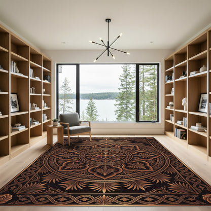 Elegant Bronze Filigree Radial Floral Rug