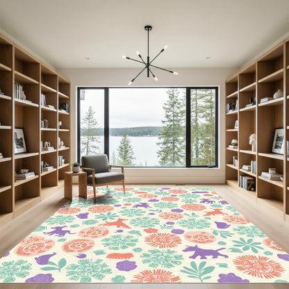 Whimsical Floral Animal Garden Medley Rug