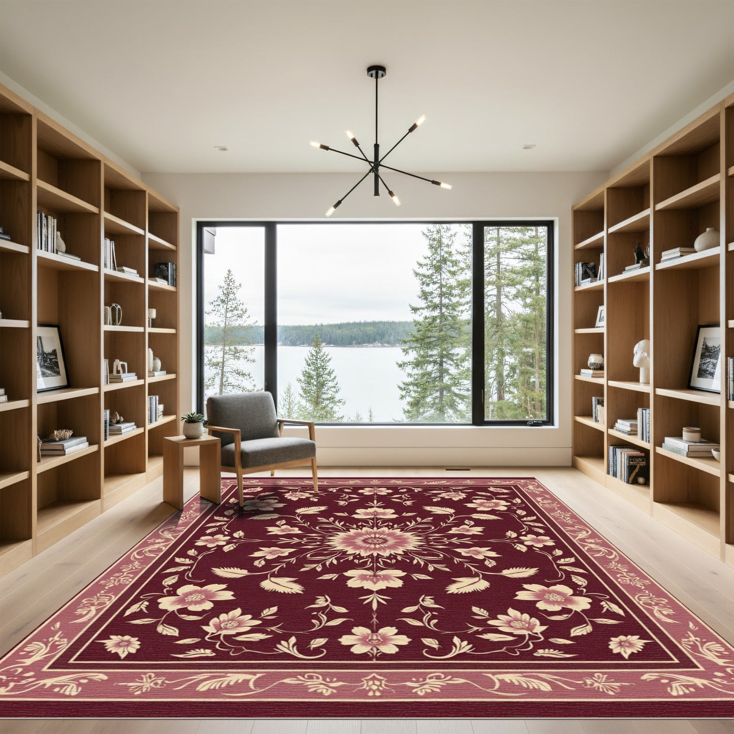 Rich Burgundy Floral Medallion Border Rug