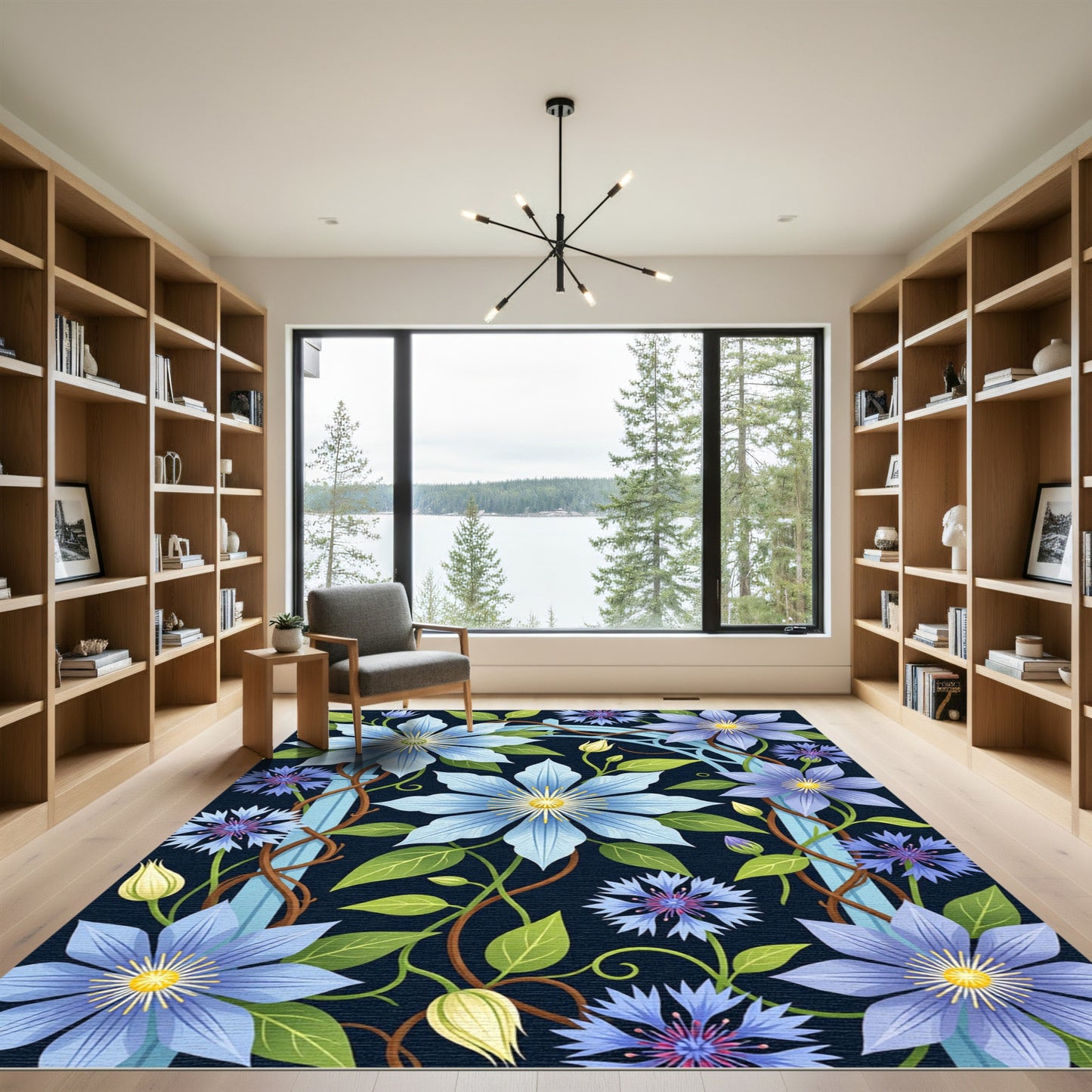 Botanical Clematis Cornflower Navy Floral Rug