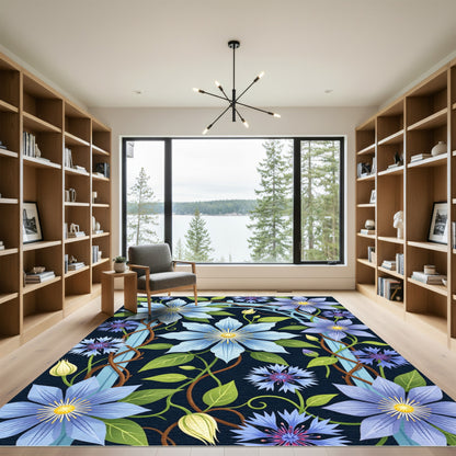 Botanical Clematis Cornflower Navy Floral Rug