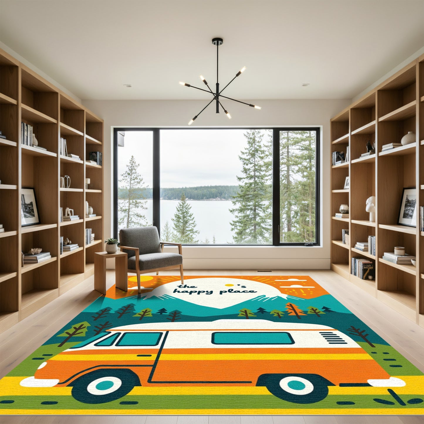 Retro Camper Van Sunny Mountain Landscape Rug