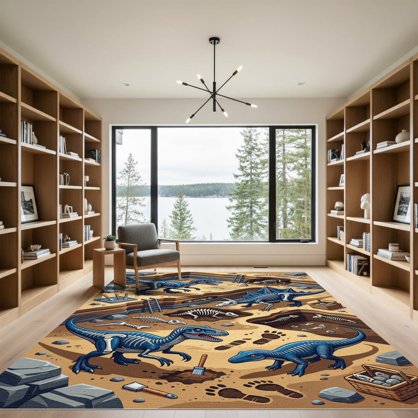 Blue Dinosaur Fossil Paleontology Scene Rug