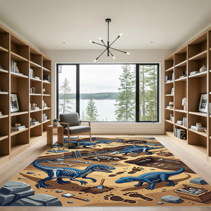 Blue Dinosaur Fossil Paleontology Scene Rug