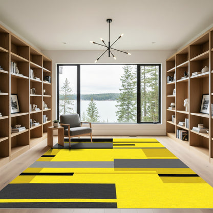 Bold Yellow Gray Black Geometric Blocks Rug