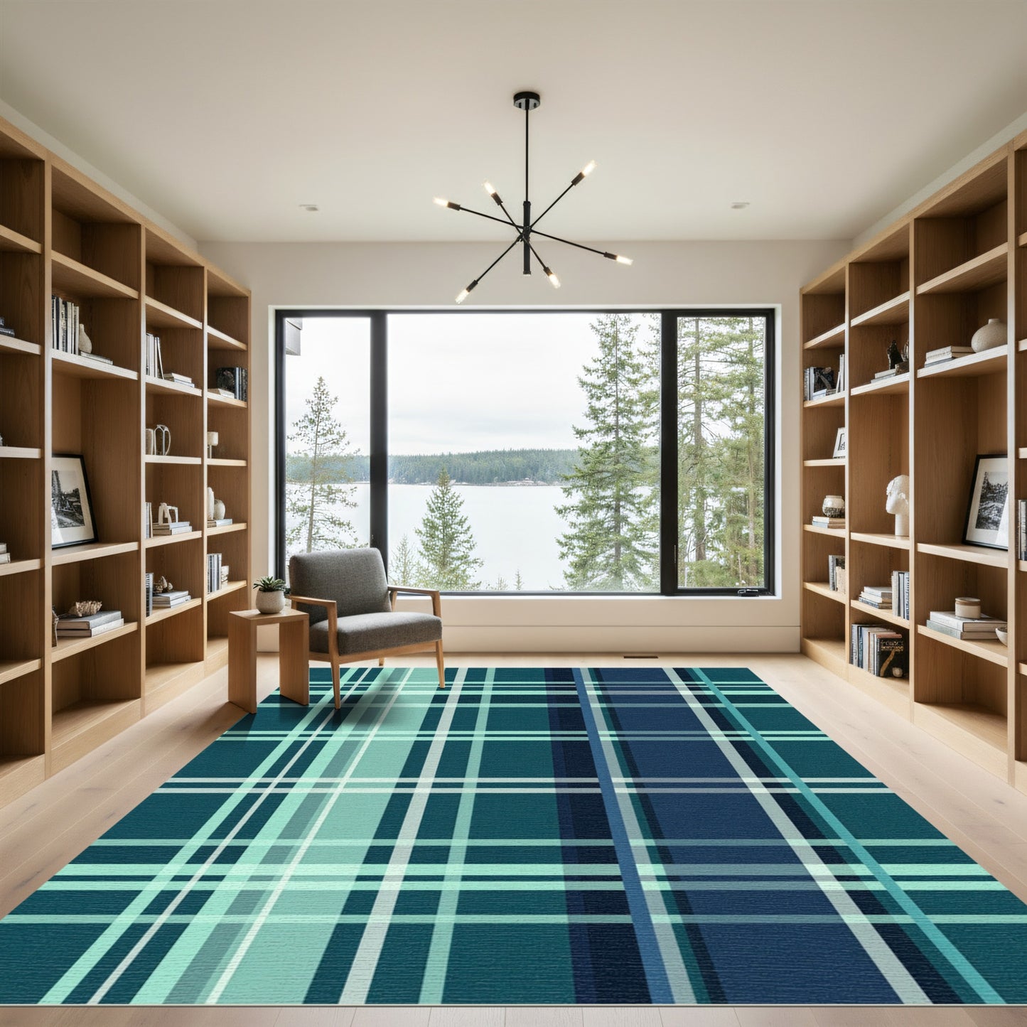 Deep Teal Blue Plaid Lines Rug