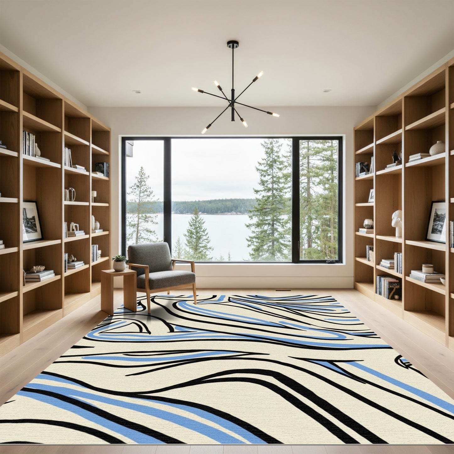 Cream Black Blue Wavy Lines Rug