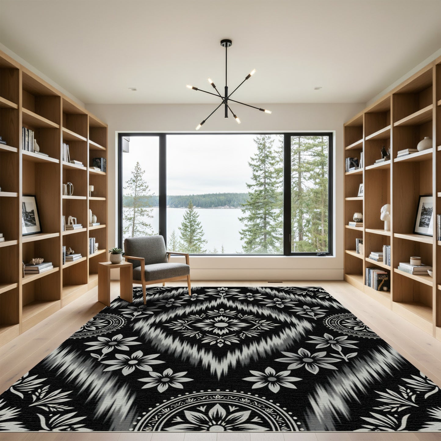 Black Gray Floral Ikat Diamond Rug