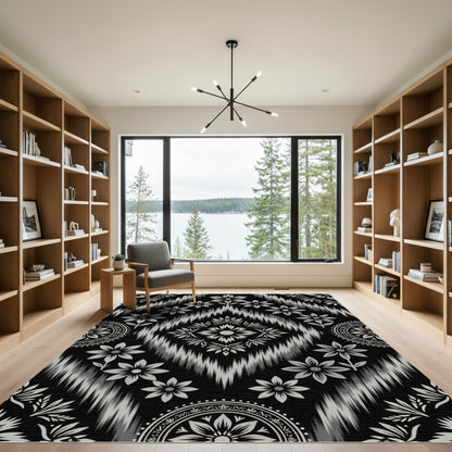 Black Gray Floral Ikat Diamond Rug