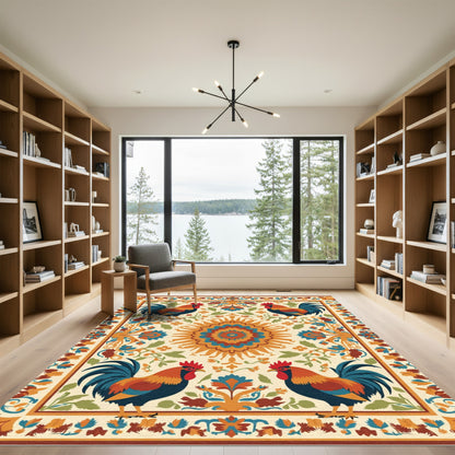 Vibrant Rooster Floral Sun Medallion Rug