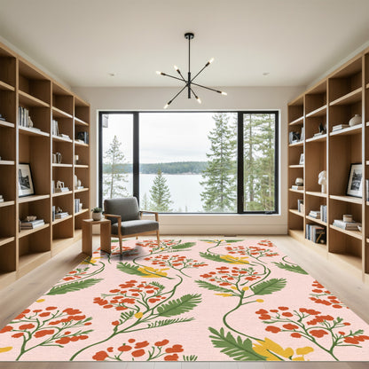 Red Berry Green Fern Botanical Pattern Rug