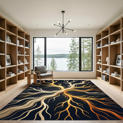 Radiant Golden Tree Branch Abstract Art Rug